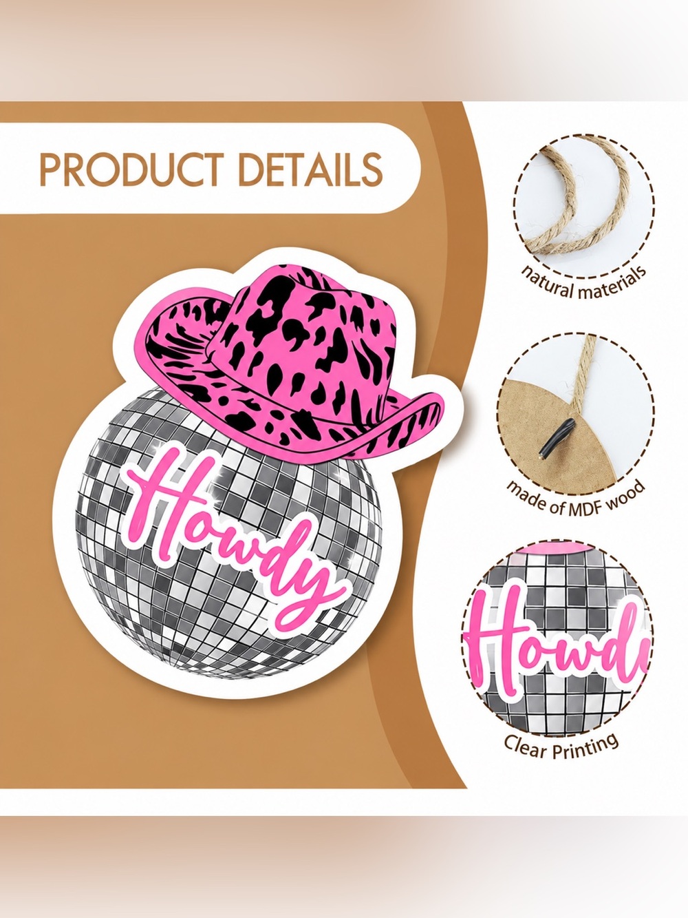 Pink Leopard Cowboy Hat Disco Ball "Howdy" Door Hanger - Picture 3 of 5